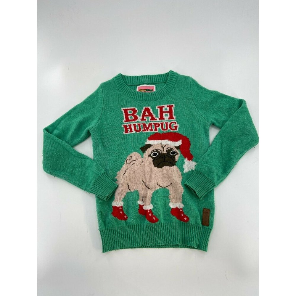 Tipsy Elves Women’s Office Christmas Party PUG Dog Green Knit Sweater Size XS